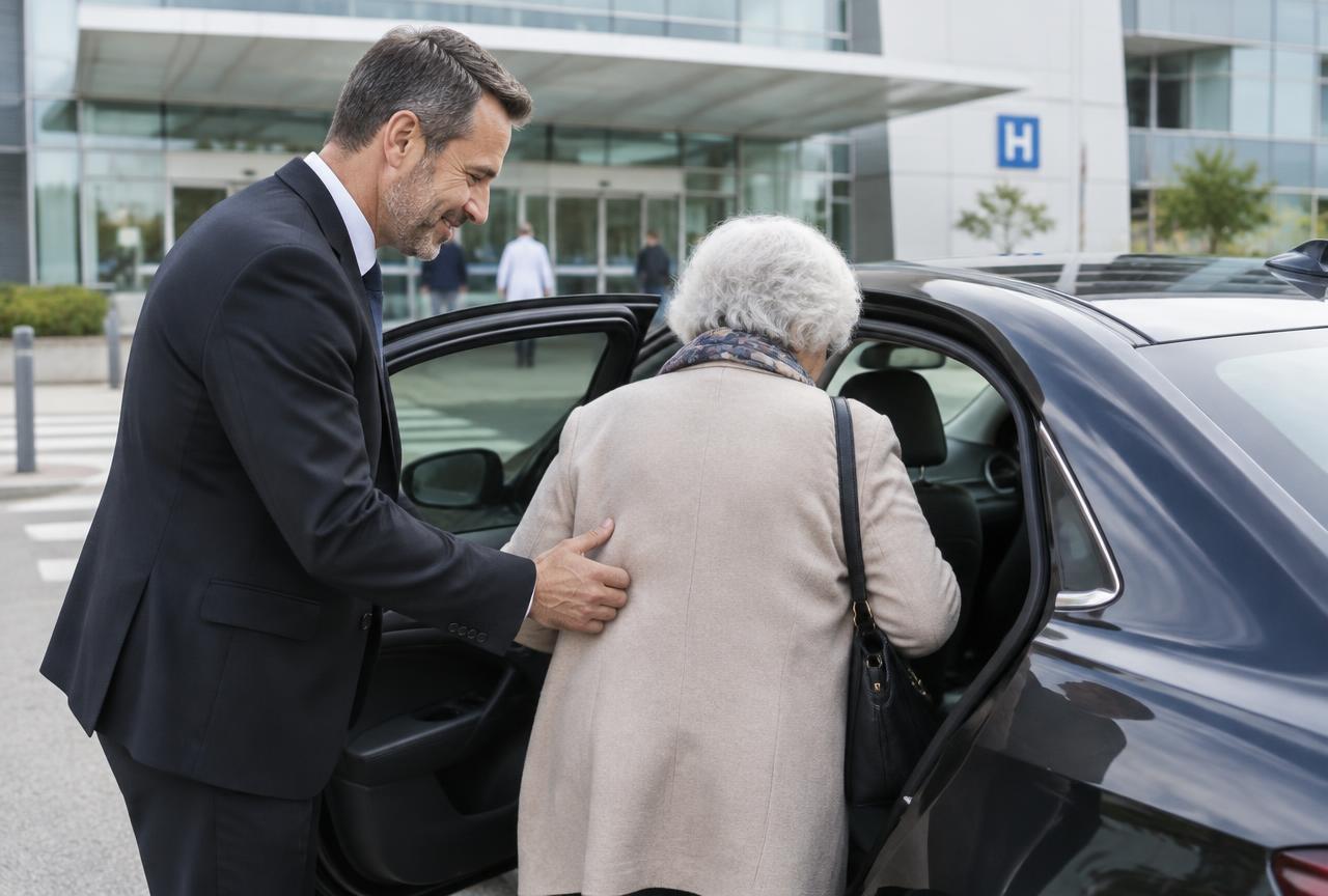 Chauffeur aidant une passagère âgée à monter dans un véhicule devant un hôpital