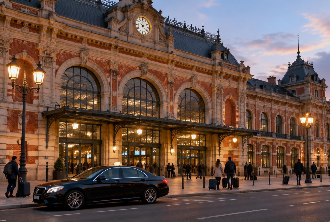 Taxi stationné devant une gare historique en briques au crépuscule
